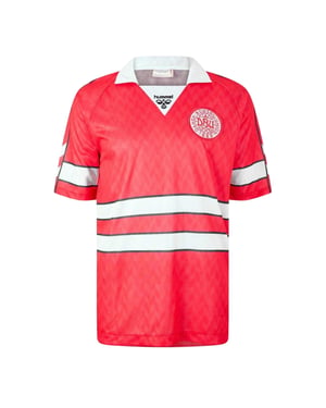 Hummel Unisex voetbalshirt voor volwassenen uit 1988, Denemarken (Rood, Wit)