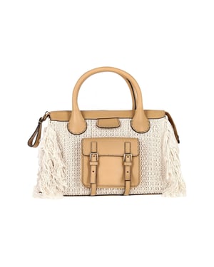 Chloé Edith Fringe Medium Dagtas in Beige Linnen en Tan Kalfsleer