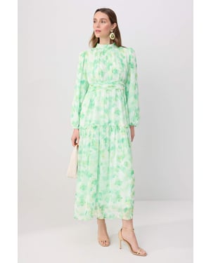 Trendyol Modest Dames Groen Bloemen Maxi Lang Casual Skater Modest Jurken