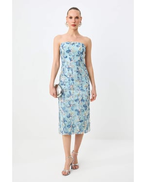 TRENDYOLMİLLA Dames Blauw Bloemen Midi Mouwloos Recht Jurken