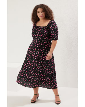 Trendyol Curve Dames Zwart Stippen Midi Kort Casual A-lijn Grote maten Jurk