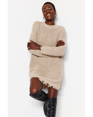 TRENDYOLMİLLA Dames Beige Effen Extra Kort / Super Mini Lang Casual Recht Jurken