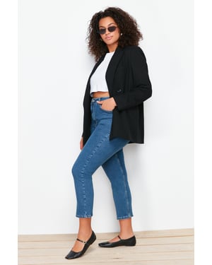 Trendyol Curve Dames Blauw Effen Skinny Hoge taille Grote maten Jeans