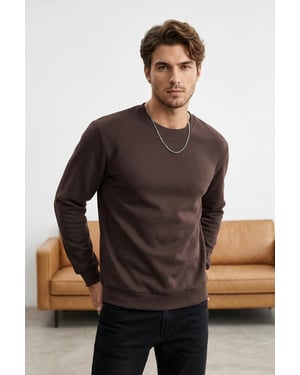 TRENDYOL MAN Heren Bruin Effen Lang Regular fit Sweatshirts