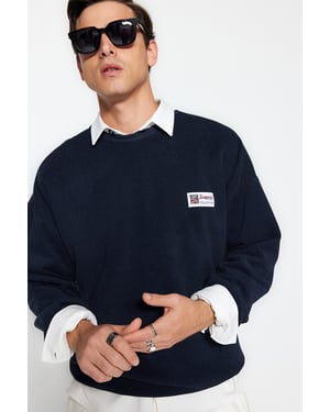 TRENDYOL MAN Heren Donkerblauw Slogan Lang Oversized Sweatshirts