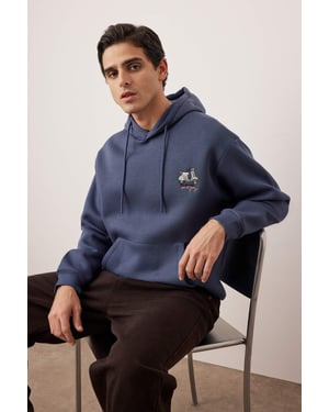 TRENDYOL MAN Heren Donkerblauw Slogan Lang Oversized Sweatshirts