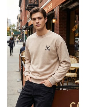 TRENDYOL MAN Heren Beige Dierenprint Lang Oversized Sweatshirts