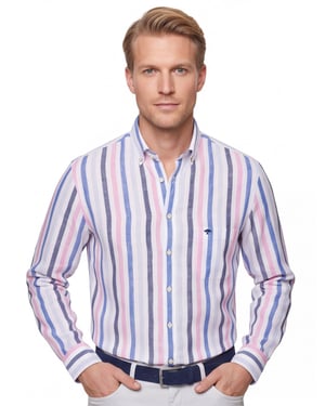 linnen Fynch-Hatton overhemd blauw gestreept met borstzak
