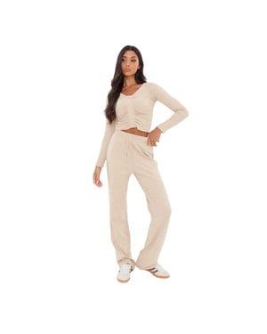 I Saw It First Geribde joggingbroek met wijde pijpen voor dames (Steen)