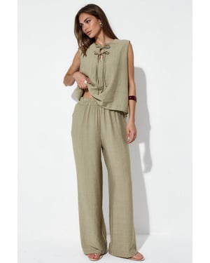 Set van een blouse van viscosemix met strikdetail en een broek met elastische taille