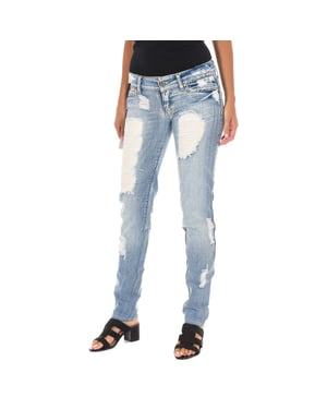Lange denim broek met gescheurd effect en chiffon D012929-D024 vrouw
