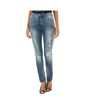 Lange denim broek met rechte zoom gesneden 10DB50280 vrouw