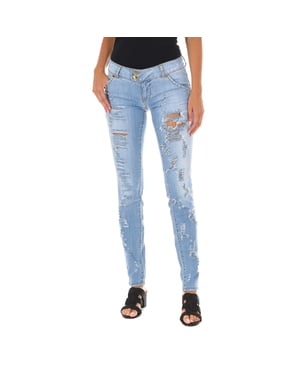 Lange denim broek versleten en gescheurd effect 10DBF0094 vrouw