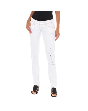 Lange denim broek met gescheurd effect en smalle zomen E014152 vrouw