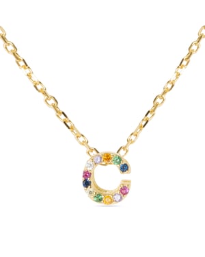 Luxenter Sterling Zilver 925 Ketting met Veelkleurige Zirkonia Afgewerkt in 18K Geel Goud - Alfabet