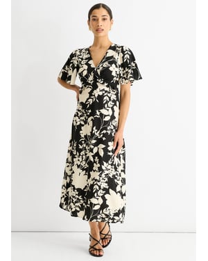 Mono V-hals viscose midi-jurk met ruches