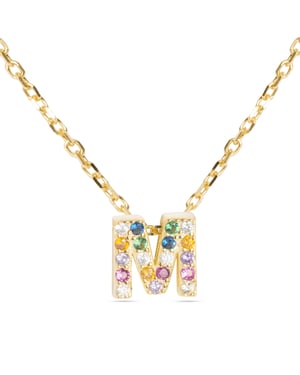 Luxenter, alfabet ketting in 925 sterling zilver en veelkleurige zirkonia met 18 karaat geel vergulde afwerking