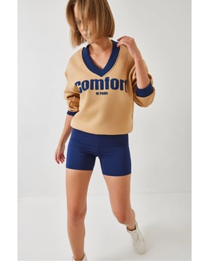 V-hals Gebreid Sweatshirt met Motto Print