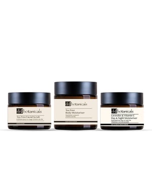 Dr. Botanicals Tea Tree gezichtsscrub, anti-aging dag- en nachtcrème & bodylotion set