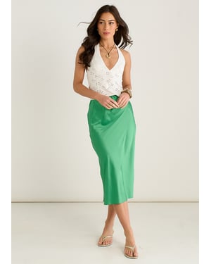 Groene satijnen midi-rok met hoge taille
