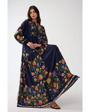 Geprinte V-hals Maxi-jurk met knoopdetail