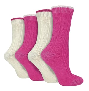 Wildfeet - 4-Paar Dames Kabel Brei Sokken | Lurex Glittersokken voor Vrouwen - Crème / roze