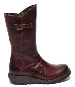 Fly London Dames Wijn MES 2 Wedge Heel Buckle Mid-Calf Leren Zip Platform Laarzen