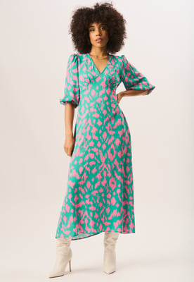 Groene midi-jurk met V-hals en dierenprint