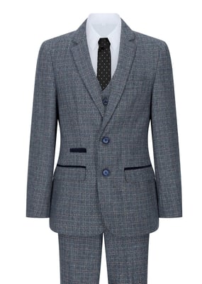 3-delig blauw tweed geruit vintage retro pak voor jongens