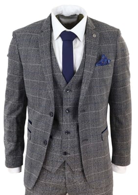 Heren 3-delig grijs met blauw geruit vintage klassiek pak