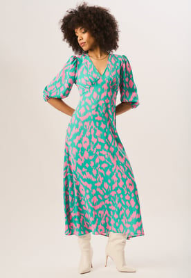 Groene midi-jurk met V-hals en dierenprint