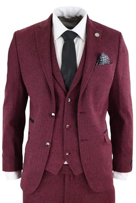 Heren 3-delig wijnvisgraatwol tweed retro pak