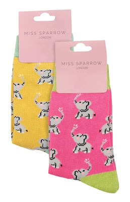 Set van 2 sokken met dierenprint voor meisjes | Miss Sparrow | Casual grappig patroon crew bamboe sokken | Grappige nieuwe sokken voor kinderen - Olifanten