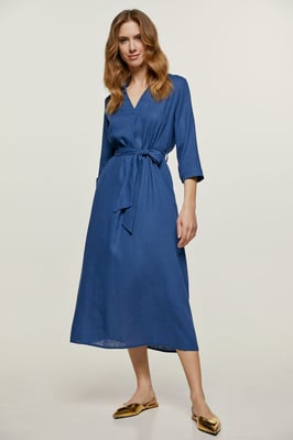 Blauwe Linnen Midi Jurk met Riem