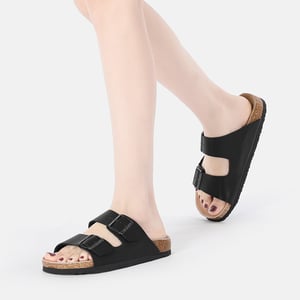 EVER AU Vrouwen Mallard Leren Tweeling Gesp Sandalen - Zwart Leer