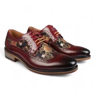 Justin Reess Heren Wijnrode Leren Bloemenprint Brogue Dress Schoenen - Ross