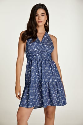 Indigo Bloemen Empire Lijn Mini Jurk