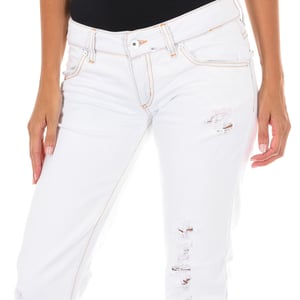 Lange denim broek met gescheurd effect en smalle zomen E014152 vrouw