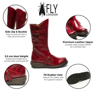 Fly London Dames Rode MES 2 Wedge Heel Buckle Mid-Calf Leren Zip Platform Laarzen