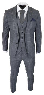 Heren Grijs Pak 3-delig Geruit Vintage Retro Slim Fit Trouwpak Klassiek