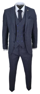 Heren blauwe wol 3-delig pak Double Breasted gilet Tweed Peaky Blinders jaren 1920