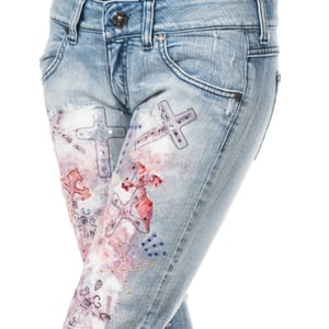 Lange denim broek met gescheurd effect en skinny zomen F054176 vrouw