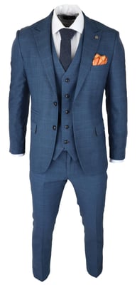 Heren 3-delige Blauwe Pak Prins Van Wales Ruit Klassiek Licht Getailleerd Modern