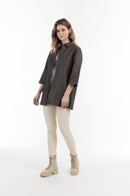 Dreimaster Leren overhemd Dames taupe