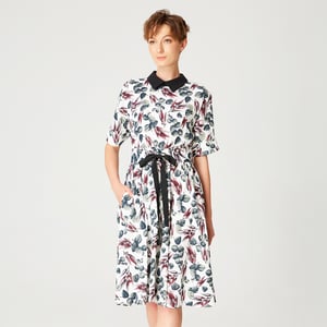 Fit-en-flare bladeren Printjurk met brede riem