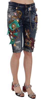 Dolce & Gabbana Dames Blauwe Denim Mid Waist Kristallen Capri Shorts