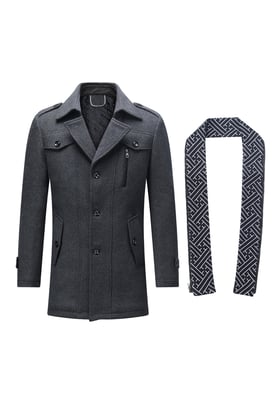 Heren winter verdikte effen kleur revers casual wollen jas met gestreepte kraag grijs
