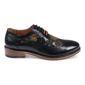 Justin Reess Heren Zwarte Leren Bloemenprint Brogue Dress Schoenen - Ross