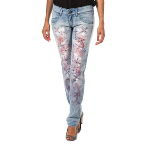 Lange denim broek met gescheurd effect en skinny zomen F054176 vrouw