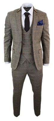 Heren 3-delig bruin visgraat tweed geruit pak